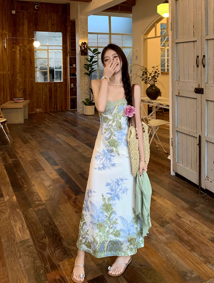 Fairy New Chinese Retro Jacquard Suspender Skirt Flower Long Skirt Tea Break Dress R1759