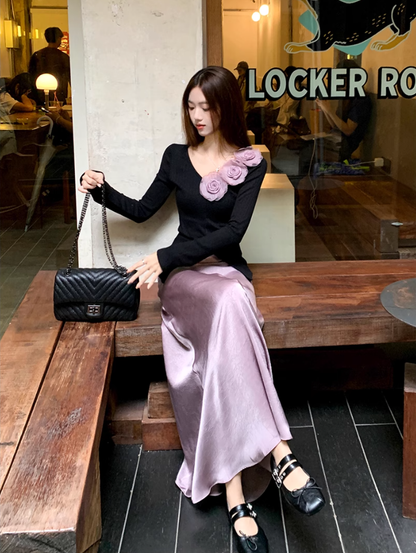 Fairy three-dimensional rose French top high waist A-line skirt gentle outfit two-piece suit R1702
