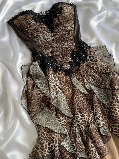 Vintage Leopard Print Strapless Ruffled Homecoming Dress Party Dress Cocktail Dress TP4691