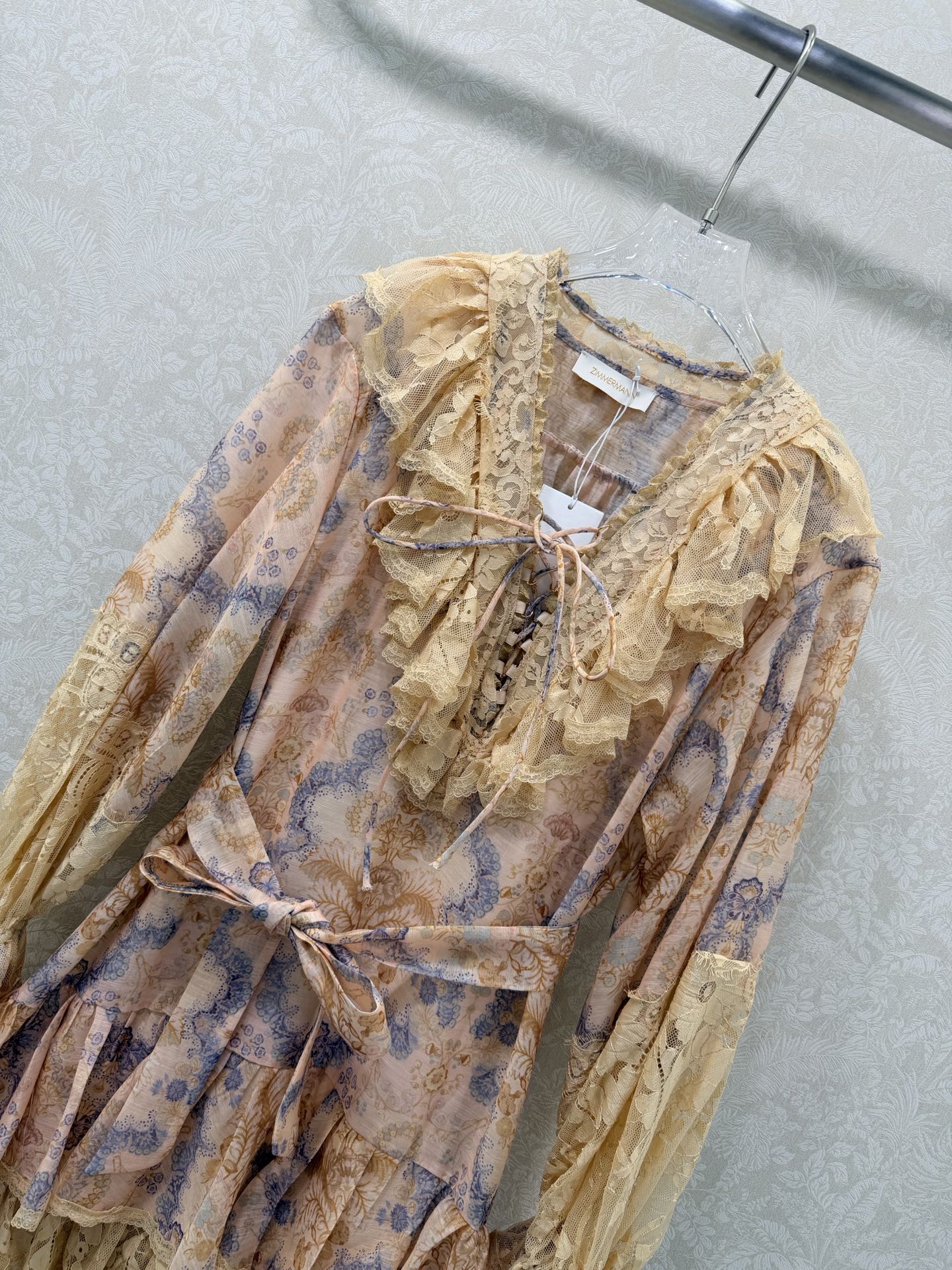Zimmermann Rebellion Lace-Up Mini Dress Tan Floral Cotton 335960