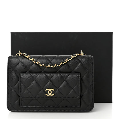 Caviar Quilted Pocket Clutch With Chain WOC Black