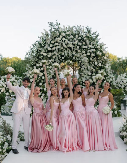 Beautiful Pink Spaghetti Strap Sweetheart A-Line Satin Party Dress Bridesmaid Dress TP4291