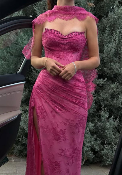 Vintage Fuchsia Sheath Lace Evening Gown High Slit Party Dress Long Formal Dress TP4964