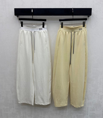 Miu Drawstring Webbing Pants White Tencel Cotton Fabric 350207