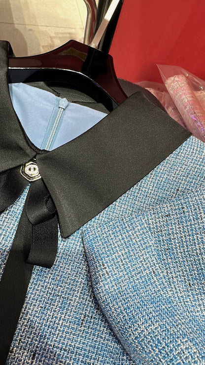 CC Vintage Suit Woolen Bow Neck Dress Blue Wool