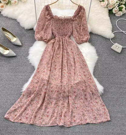 2025 new first love skirt square neck floral chiffon skirt tea break forest platycodon skirt a-line dress R0339