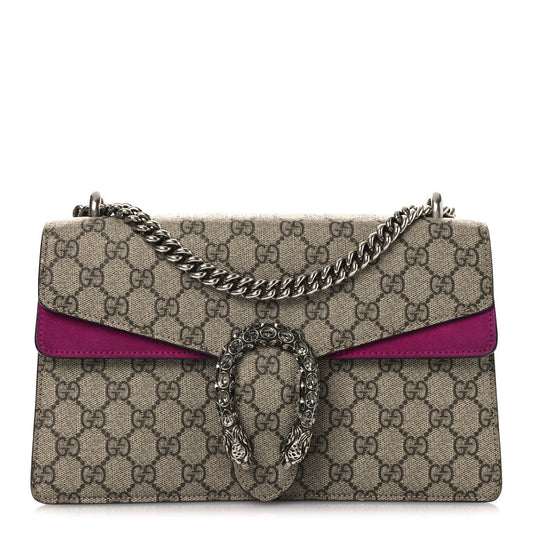 GG Supreme Monogram Suede Crystal Small Dionysus Shoulder Bag Beige Ebony Bright Purple