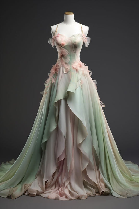 Gorgeous Chiffon Sweetheart Ruffle Design Elegant A-Line Spaghetti Strap Evening Dress Prom Dress TP4119