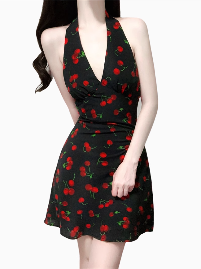 2025 Summer New Halter Backless Black Cherry V-Neck Retro Short Dress R0942