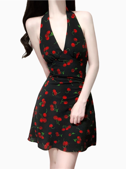 2025 Summer New Halter Backless Black Cherry V-Neck Retro Short Dress R0942