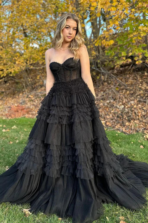 omberprom Evening Dress Tulle Ruffle Layers A-Line Long Prom Dress Graduation Dress Women's Dresses