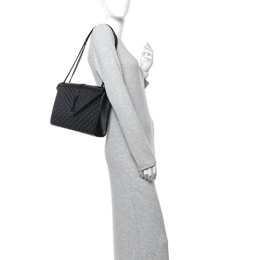 Grain De Poudre Textured Mixed Matelasse Large Triquilt Monogram Monochrome Satchel Black