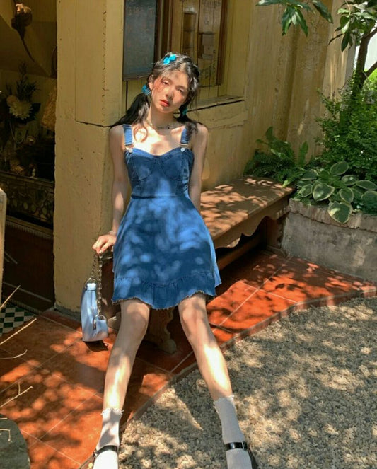 Blue denim suspenders waist A-line short skirt homecoming dress R3443