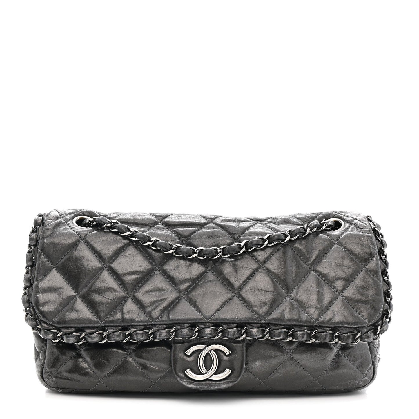 Metallic Calfskin Quilted Medium Chain Me Flap Grey