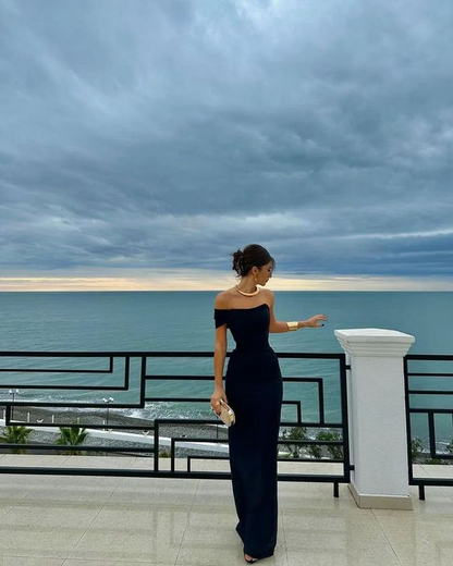 Elegant One Shoulder Sheath Prom Dress Black Satin Long Party Evening Gown  cc1482