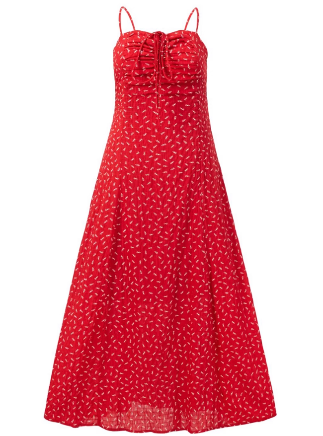 2025 summer new red floral temperament slim medium-length suspender dress R0924