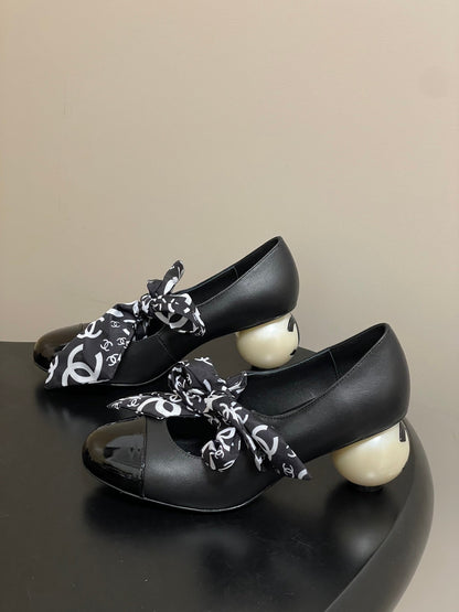 CC 26 Double C Pearl Heel Pump With Silk Ribbon Black Sheepskin 593158