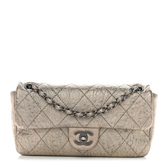 Distressed Metallic Lambskin Quilted Le Marais Ligne Flap Gold