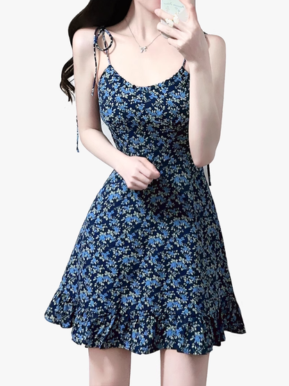 2025 Summer New Blue Floral Vacation Petite Short A-line Suspender Dress R0935