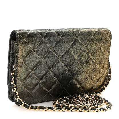 Iridescent Calfskin Quilted Tartan Button Wallet on Chain WOC Gold