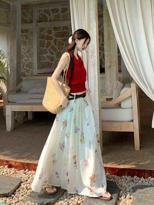 Date suit red sleeveless backless sweater printed skirt rich feeling outfit two piece suit R1744