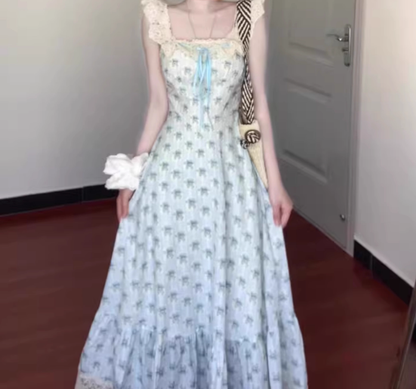 Blue floral dress gentle temperament beautiful summer skirt R0762