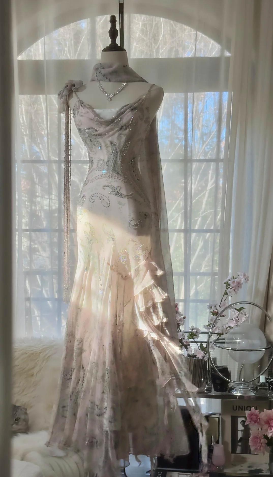 E??? Fairytale Pink Spaghetti Straps Mermaid Prom Gown Vintage Elegant Beaded Silk Long Prom Dress Guest Dresses
