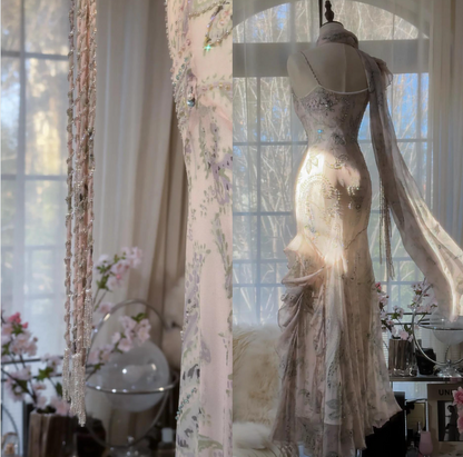 E??? Fairytale Pink Spaghetti Straps Mermaid Prom Gown Vintage Elegant Beaded Silk Long Prom Dress Guest Dresses