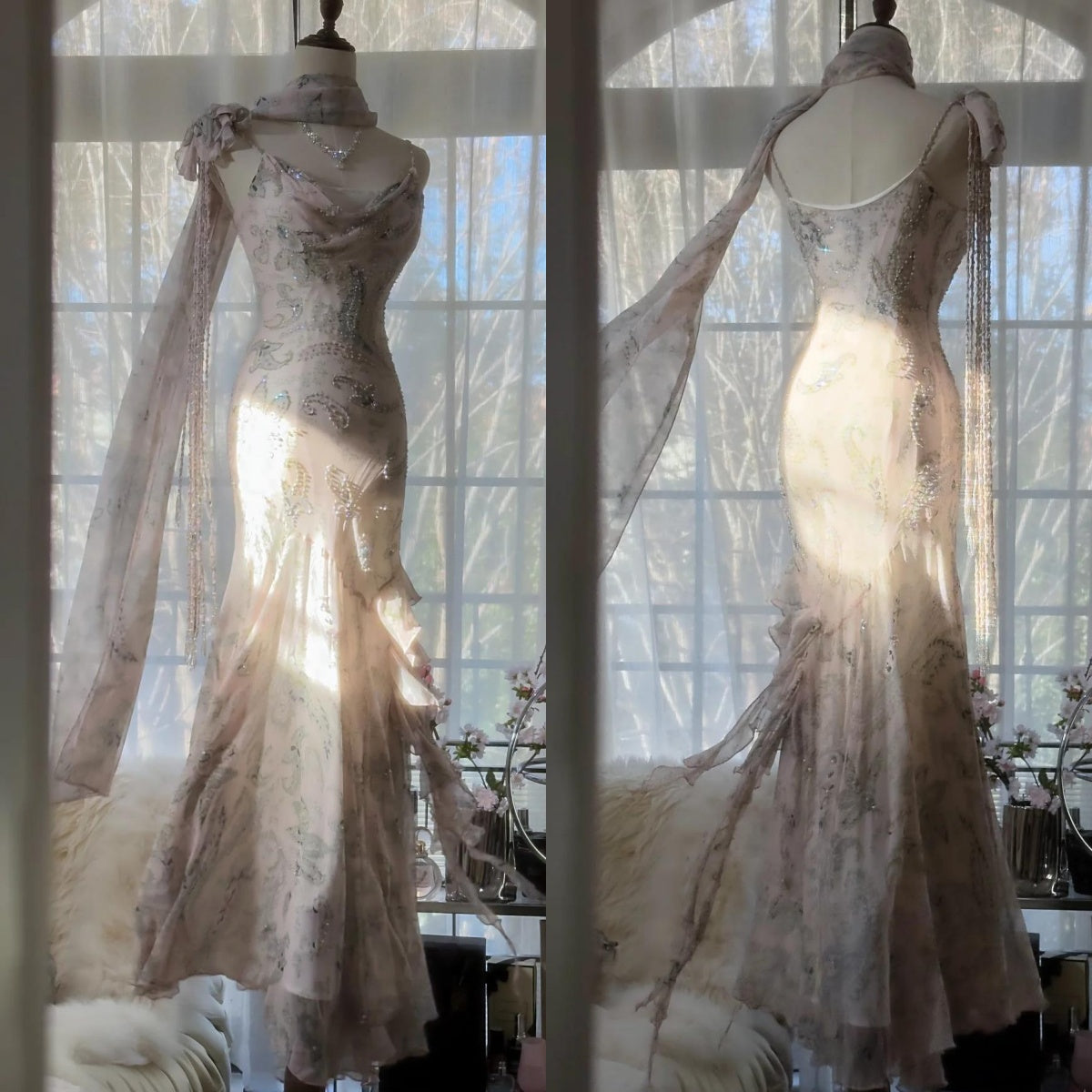 E??? Fairytale Pink Spaghetti Straps Mermaid Prom Gown Vintage Elegant Beaded Silk Long Prom Dress Guest Dresses