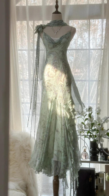 E??? Fairytale Pink Spaghetti Straps Mermaid Prom Gown Vintage Elegant Beaded Silk Long Prom Dress Guest Dresses