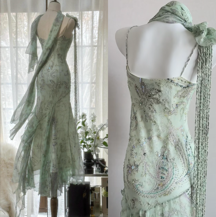 E??? Fairytale Pink Spaghetti Straps Mermaid Prom Gown Vintage Elegant Beaded Silk Long Prom Dress Guest Dresses