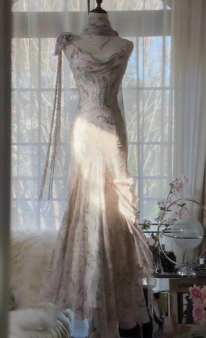 E??? Fairytale Pink Spaghetti Straps Mermaid Prom Gown Vintage Elegant Beaded Silk Long Prom Dress Guest Dresses