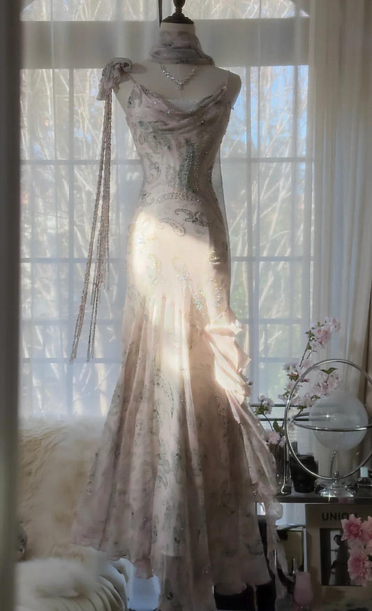 E??? Fairytale Pink Spaghetti Straps Mermaid Prom Gown Vintage Elegant Beaded Silk Long Prom Dress Guest Dresses