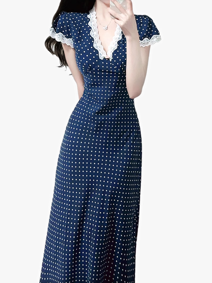 2025 Summer New Blue Polka Dot French V-neck Retro Temperament Long Dress R0947