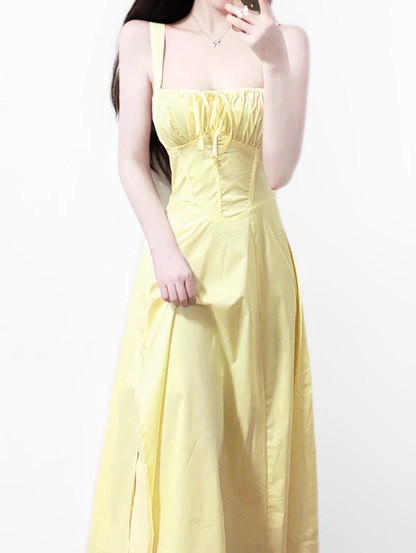 2025 Summer New Yellow Slit Sexy Waist Drawstring Holiday Suspender Dress R0938