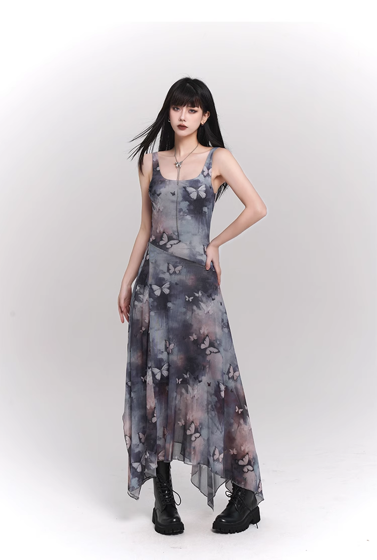 Simple Fashion Butterfly Pattern Design Sense Spaghetti Strap Dress TP2930