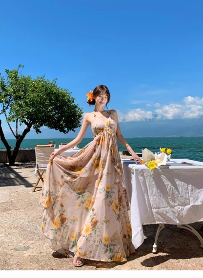 New Fashion Floral V-neck Design Elegant Beach Holiday A-line Sleeveless Halter Dress Summer DressTP4257