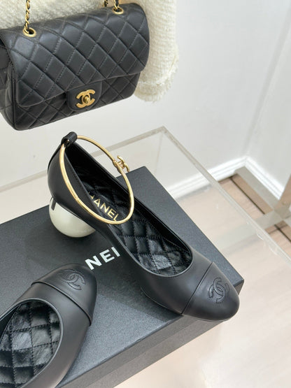 CC 26C Ribbon Camellia Mary Jane With Giant Pearl Black Lambskin