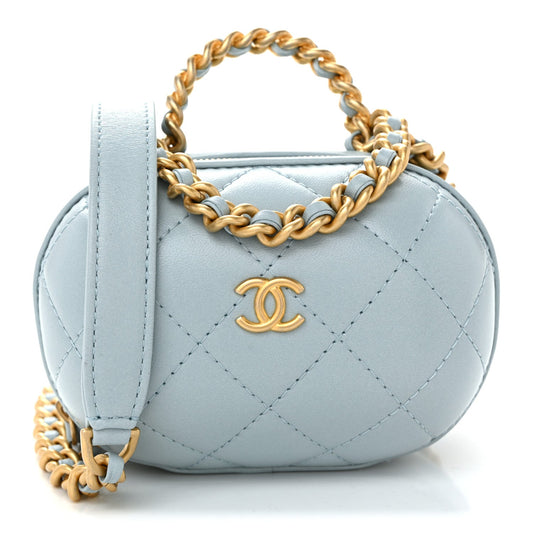 Lambskin Quilted CC Bubble Vanity Case With Chain Light Blue