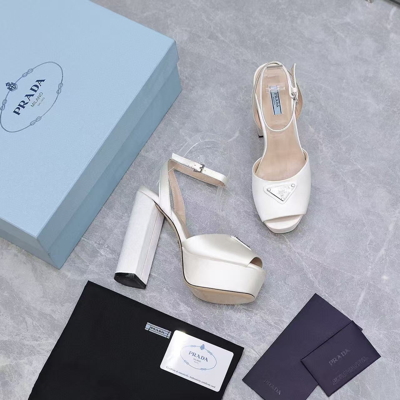 Prada Platforms 130mm High Heel White Silk Sandals