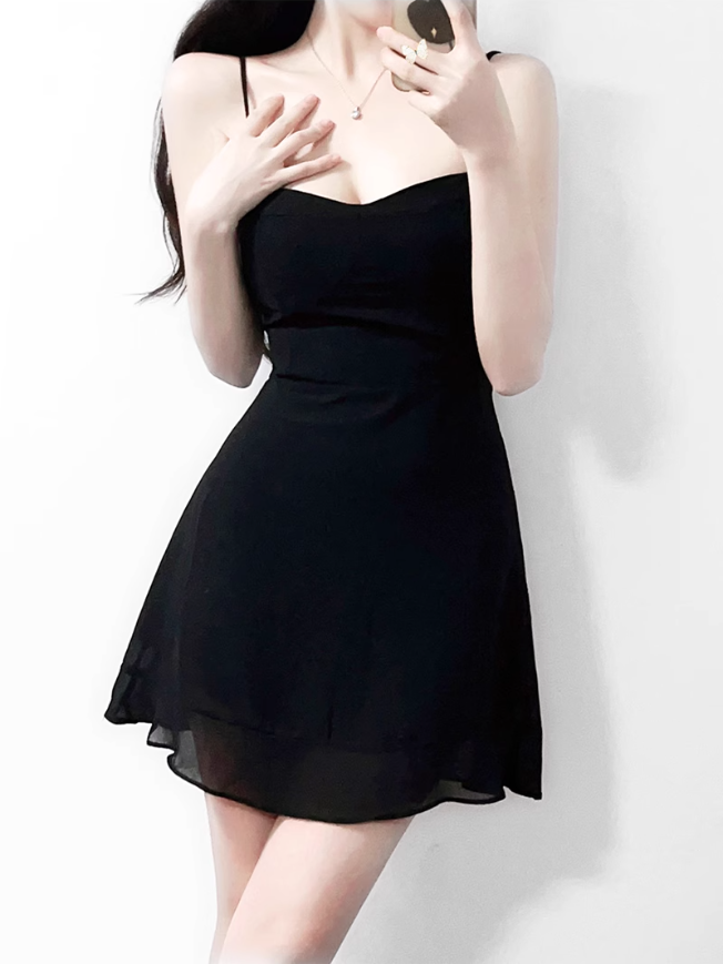 2025 summer new sexy petite pure black slim short suspender dress R0946