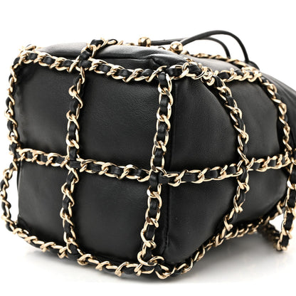 Lambskin Bucket Chain Drawstring Bag Black