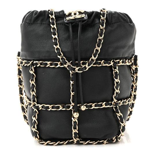 Lambskin Bucket Chain Drawstring Bag Black
