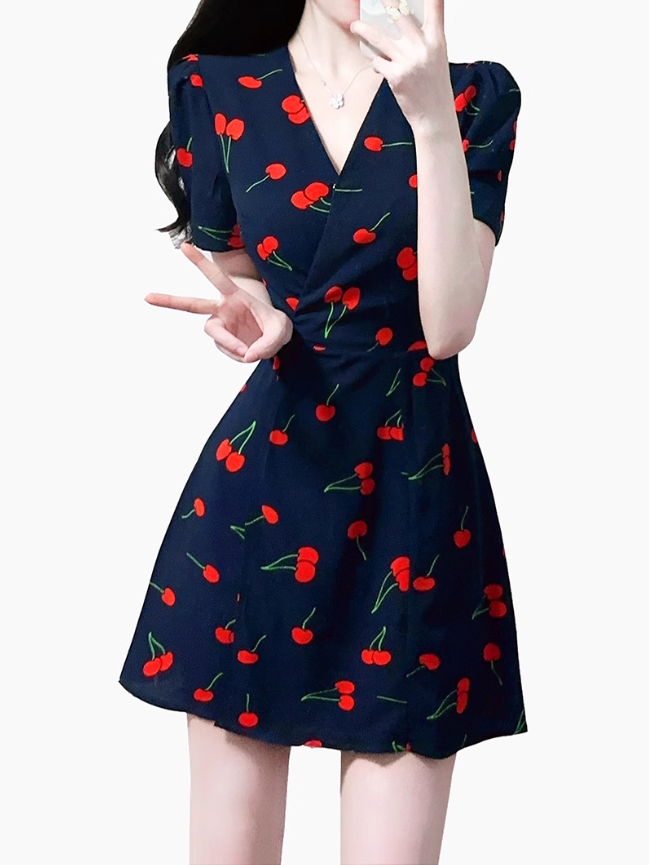 2025 Summer New French Retro V-neck Black Cherry Floral Wrap Dress R0939