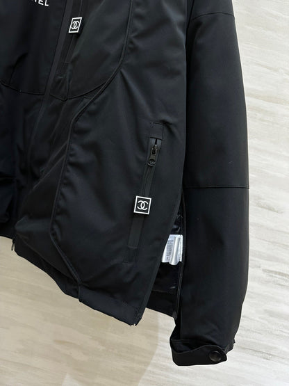 Chanel 25 Hooded Windbreaker Jacket Black Down Cotton 312195