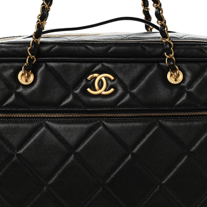 Shiny Grained Calfskin Quilted Large Travel Bowling Bag Black