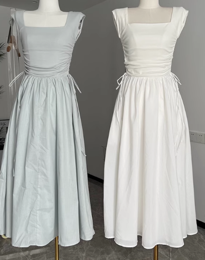 2025 summer new minimalist style high waist slim hollow square neck knitted long dress R0259