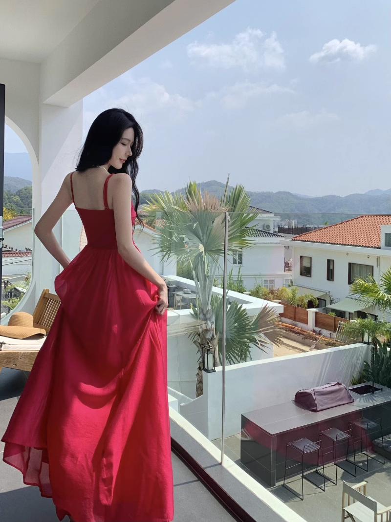 New Elegant Stylish Rose Red High-waisted Spaghetti Strap Dress TP2990