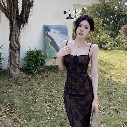 New Simple Holiday Floral Print Dress Sexy Spaghetti Strap Dress TP2885