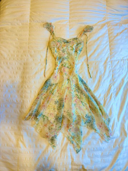 Green floral youthful vitality suspenders waist irregular short skirt homecoming dress R2683